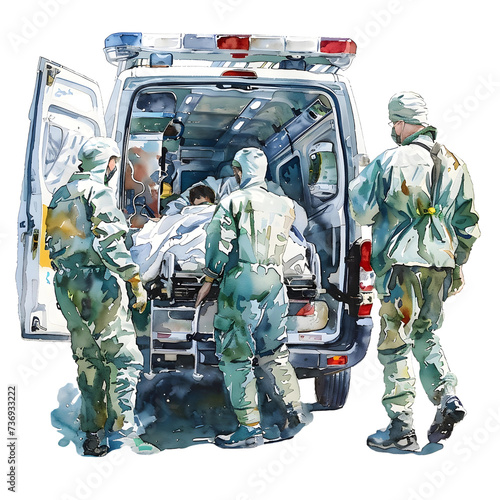 A background of emergency medical team with ambulance in watercolor style with transparent background