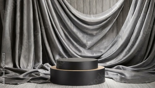 Elegance Embodied: Luxury Black Podium Against Waving Grey Atlas Curtain"