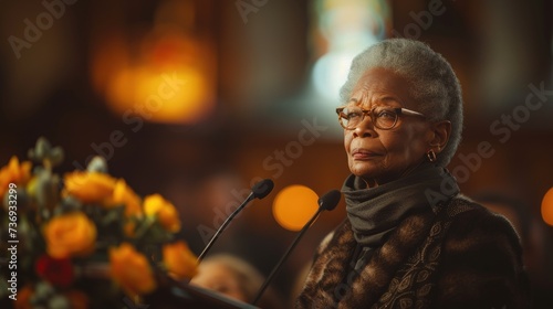 Elder Woman Speaking at Church Funeral Service