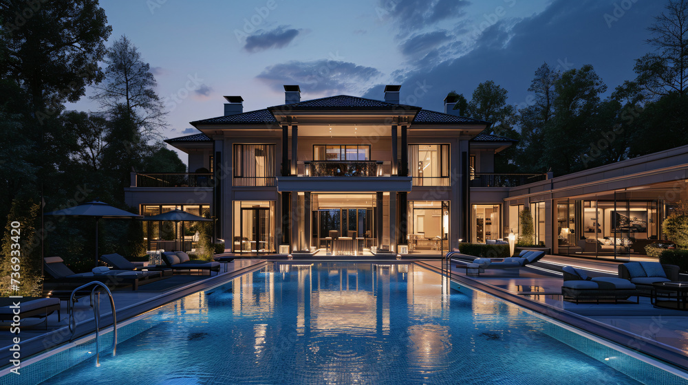 Obraz premium Beautiful home exterior and large swimming pool on sun set sky.