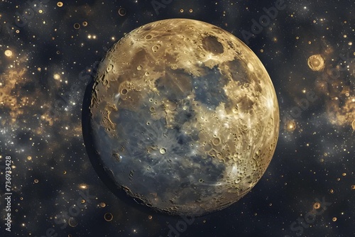 Panoramic stock photo of an ultra-detailed map of the moon's surface, highlighting the craters, mountains, and lunar maria, for educational and aesthetic purposes.