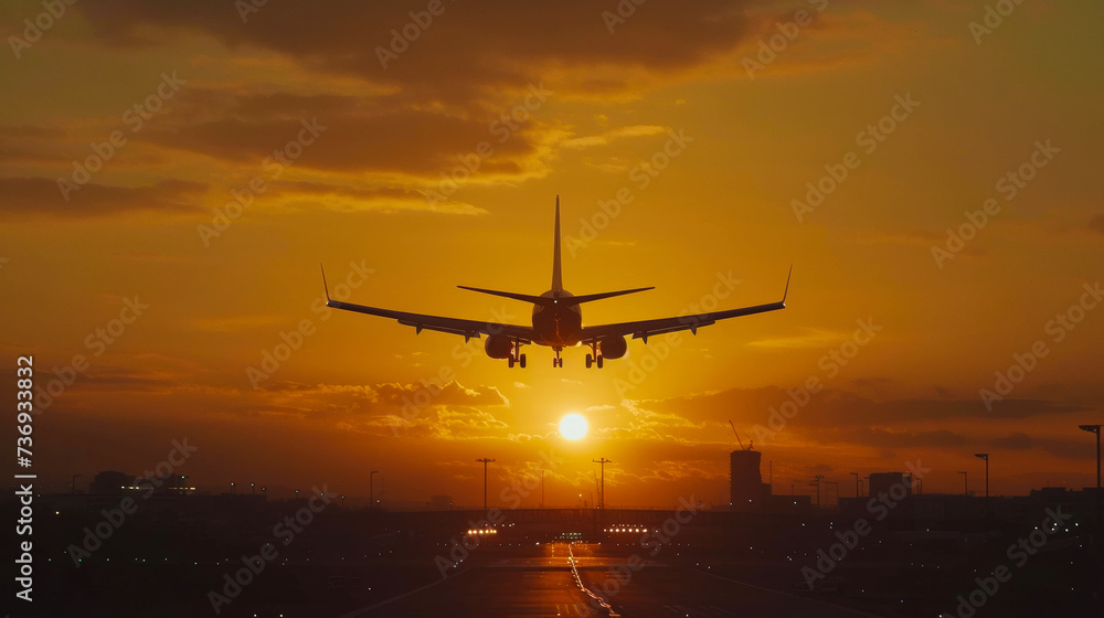 The plane is landing at the airport at sunset. The runway. The silhouette of an airplane. The plane is landing at the airport at sunset. The runway. The silhouette of an airplane.