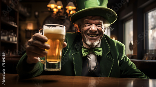 Happy leprechaun with a pint of beer in a pub