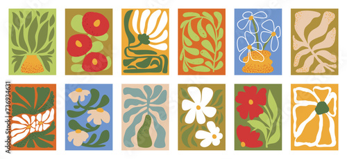 Botanical doodle background vector set. Flower and leaves abstract shape doodle art design for print, wallpaper, clipart, wall art for home decoration.