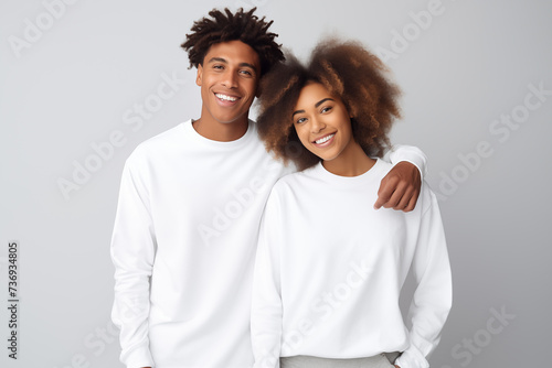 Young African american couple in blank white long sleeves t-shirt mockup