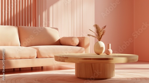 Living room with wooden coffee table with a vase of dried flowers and cozy sofa. Decorative cushions. Interior in peach colors  soft sunlight and shadows.