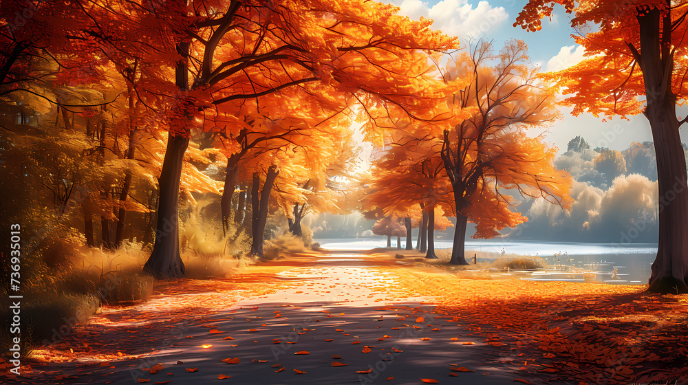 Autumn scenery, autumn scenery with falling maple leaves