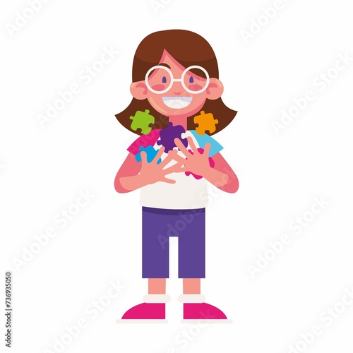 Autism Cute Girl With Puzzles Illustration © Tabeer