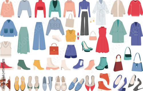 set of women's clothes and shoes in flat style vector