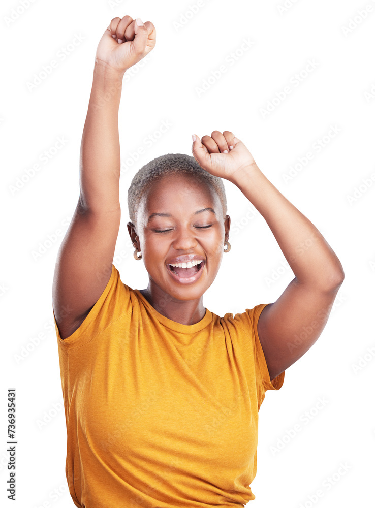 Happy black woman, dancing and energy with celebration or party isolated on png transparent