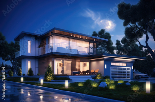 Panoramic photo of modern house with outdoor and indoor lighting, at night © Ruslan Gilmanshin