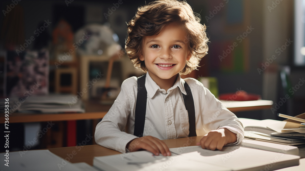 Happy curly-haired schoolboy, elementary school, sitting at his desk, daylight Happy curly-haired schoolboy, elementary school, sitting at his desk, daylight