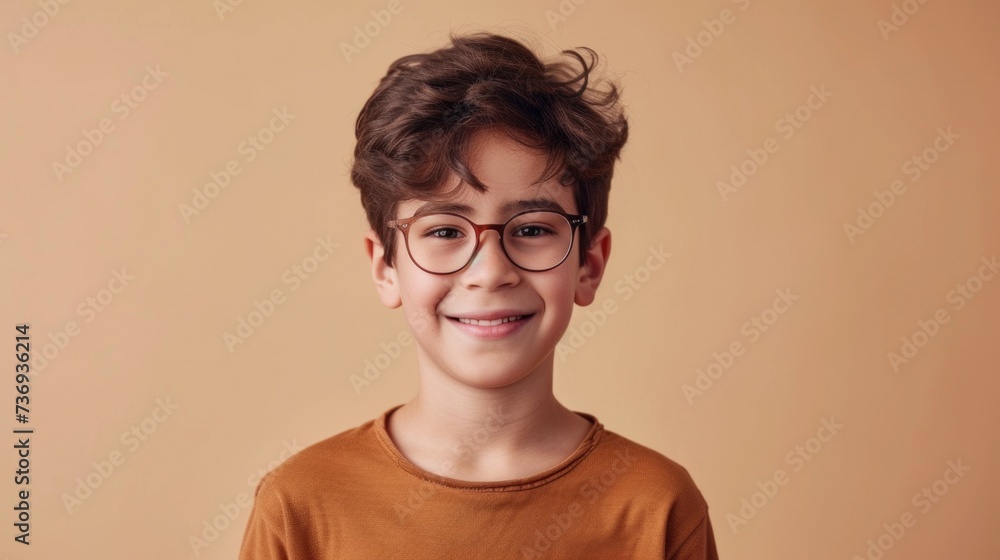 Fototapeta premium Young boy with glasses smiling wearing a brown shirt against a beige background.