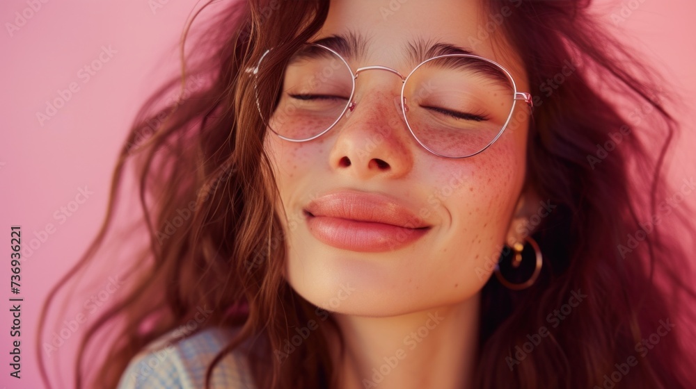 A young woman with closed eyes wearing round glasses and gold hoop earrings with rosy cheeks and a soft smile set against a pink background. A young woman with closed eyes wearing round glasses and gold hoop earrings with rosy cheeks and a soft smile set against a pink background.