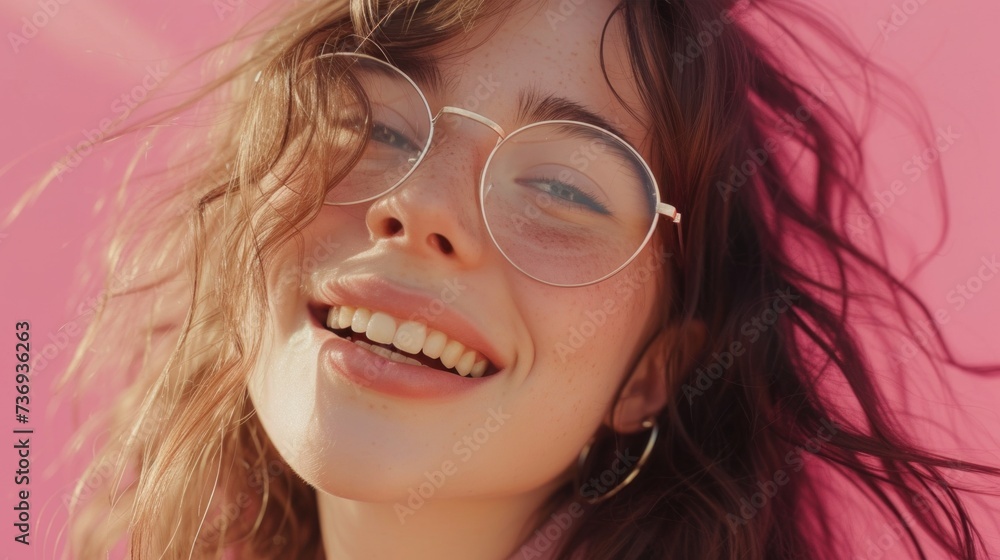 A young woman with glasses freckles and curly hair smiling against a pink background. A young woman with glasses freckles and curly hair smiling against a pink background.