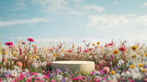 Background scene with empty wooden podium platform and blurred summer flowers field. Beauty product display. Organic Natural concept. Mock up, Spa. © lanters_fla