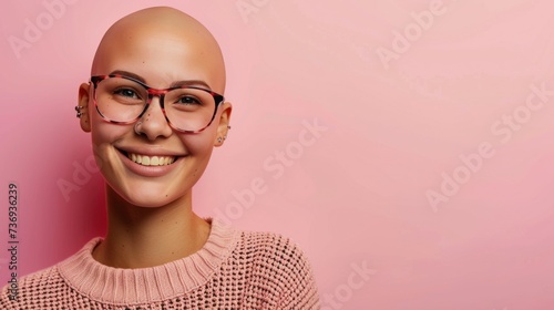 Smiling young woman with glasses and a shaved head wearing a pink sweater against a pink background.