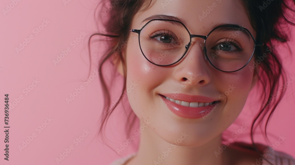 Young woman with glasses and a smile set against a pink background. Young woman with glasses and a smile set against a pink background.