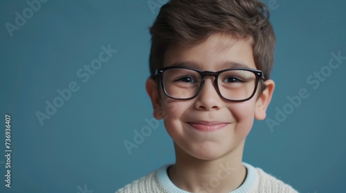 Smiling young boy with glasses against blue background.