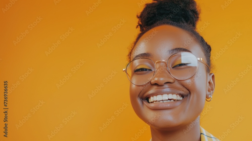 Smiling woman with glasses and a bun hairstyle against an orange background. Smiling woman with glasses and a bun hairstyle against an orange background.