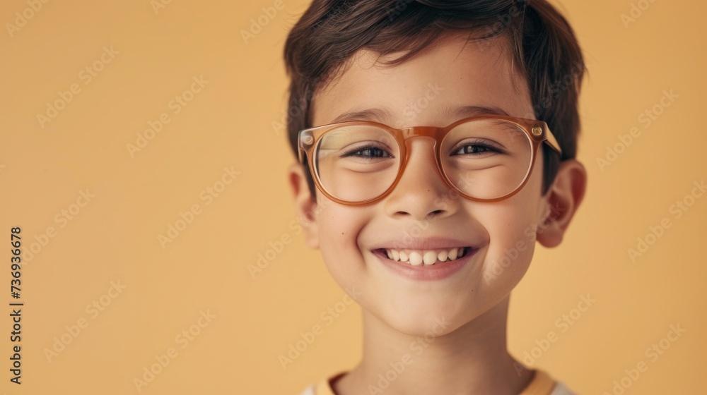 Smiling young boy with glasses wearing a white shirt against a yellow background. Smiling young boy with glasses wearing a white shirt against a yellow background.