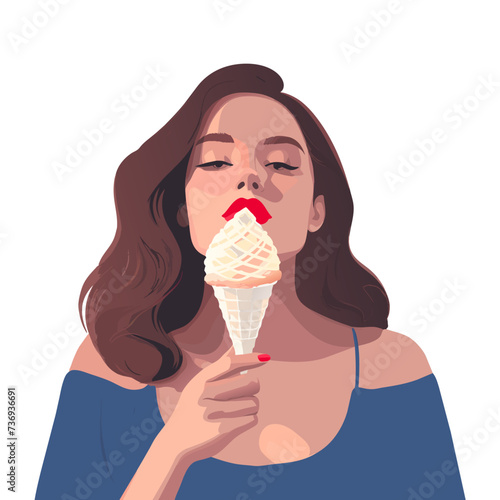 Girl eating ice cream. Happy excited portrait of woman with cone Popsicle. Caucasian beautiful young woman model. Delicious cold tasty in summer. Cartoon vector ai illustration