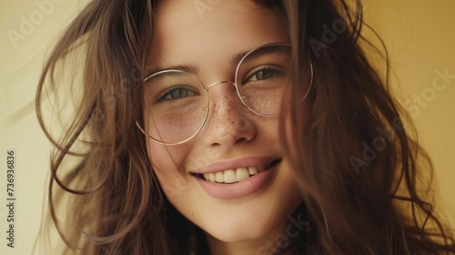 A young woman with long brown hair freckles and glasses smiling at the camera with a warm and inviting expression.