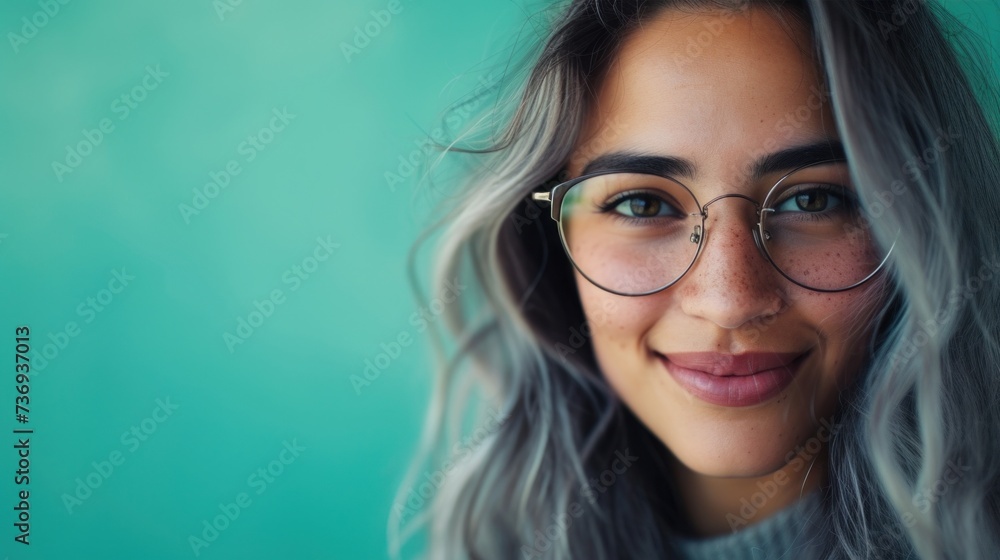 A young woman with a radiant smile wearing glasses and having light blue hair set against a soft teal background. A young woman with a radiant smile wearing glasses and having light blue hair set against a soft teal background.