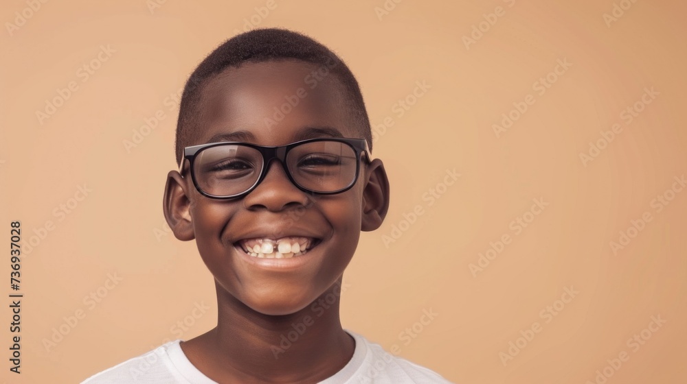 Smiling young boy with glasses and missing tooth against a warm beige background. Smiling young boy with glasses and missing tooth against a warm beige background.