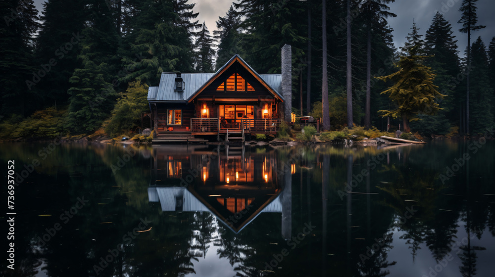 A cabin on a lake with a reflection of a cabin