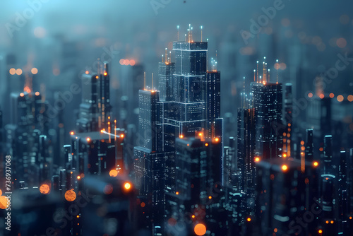 Nighttime Urban Skyline View of Cityscape with Glowing Lights