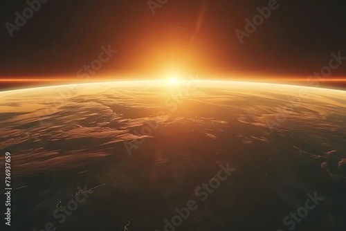 Stock image of the first light of dawn creeping over the horizon of an alien planet, casting shadows over its unique landscapes, exploring new worlds.