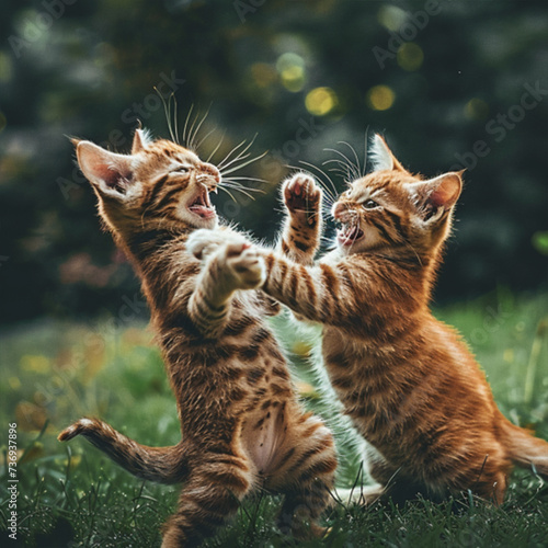 Horizontal photo of two young ginger and brown cats fighting in the garden on the grass in summer. ai technology