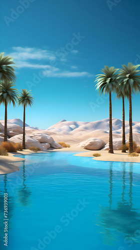3D render of a beautiful desert landscape with palm trees and pool © Wazir Design