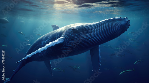 Magnificent Humpback whale swimming in clear blue water