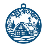 Christmas ball with winter landscape. Festive hanging decoration of round shape with a cute hut, snow, forest on white background. New Year's gift on the tree. Template for plotter laser cutting, cnc.