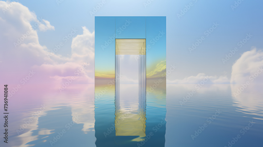 a rainbow in the sky, in the style of mirror rooms, hyper-realistic water, confessional, made of liquid metal, minimalistic objects, light silver and light cyan, realistic blue skies