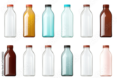 Collection of various empty plastic water bottles package template on white background.