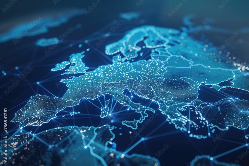 Abstract digital map of Western Europe, concept of European global network and connectivity, data transfer and cyber technology, information exchange and telecommunication - obrazy, fototapety, plakaty 