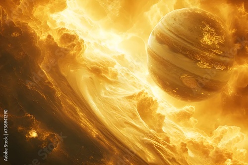 High-quality stock photo of a detailed artistic rendition of an exoplanet's atmosphere, with swirling clouds and storms, showcasing the diversity of planetary weather. photo