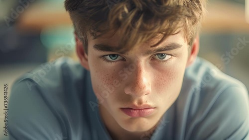 Closeup portrait of a teenage boy his face flushed with exhaustion and his gaze distant. Burnout from academic pressure and extracurricular activities is evident, Close-Up of Person Wearing Blue Shirt