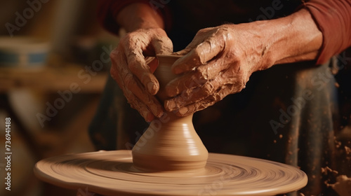 Close-up of an artisan potter's hands shaping clay into a unique vase on a potter's wheel photo