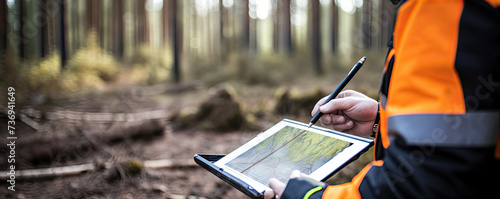 Work with digital tablet in forest. Forest topography maps rd set gps navigation point. photo