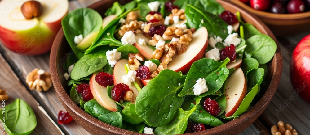 Fresh baby spinach, red apple, cranberry, walnuts, and feta cheese make up a homemade salad.