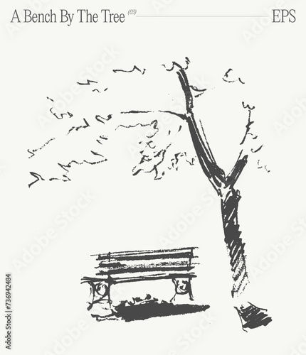 A drawing of a bench under a tree. Hand drawn vector illustration, sketch.