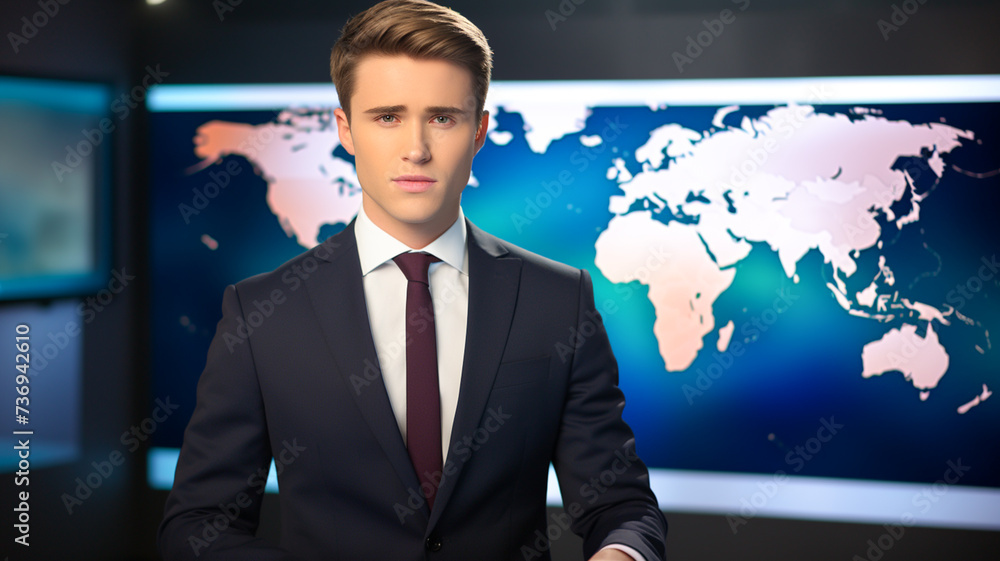 TV news male anchor in studio. Television cable channel anchor man talks, business, economy, entertainment, weather forecast.
TV news male anchor in studio. Television cable channel anchor man talks, business, economy, entertainment, weather forecast.