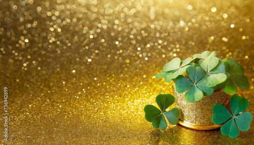 Green clover leaves on gold background. St. Patrick's Day theme. photo