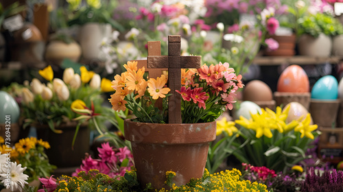 A vibrant diy Resurrection scene for Easter with wooden crosses in a terracotta pot surrounded by spring blooms and colorful eggs. generative AI