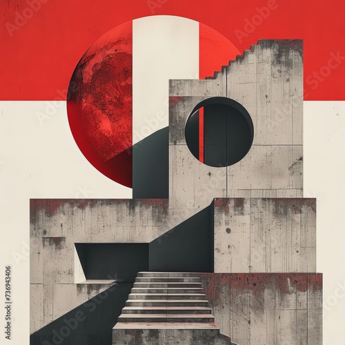  concrete building with the stairs and the full moon in the background. mysticism,  Modernism , Neo Brutalism