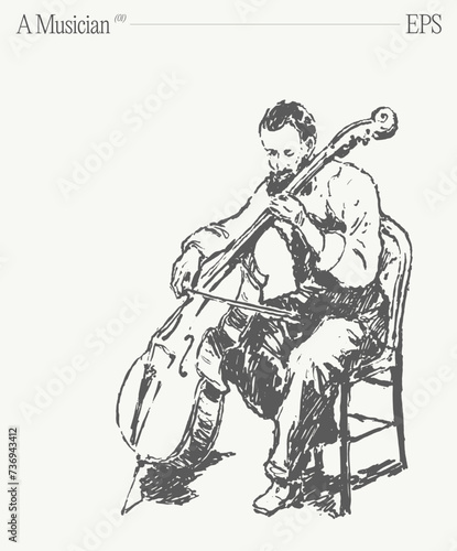 Hand drawn vector illustration of a man is sitting in a chair playing a cello. Isolated sketch.